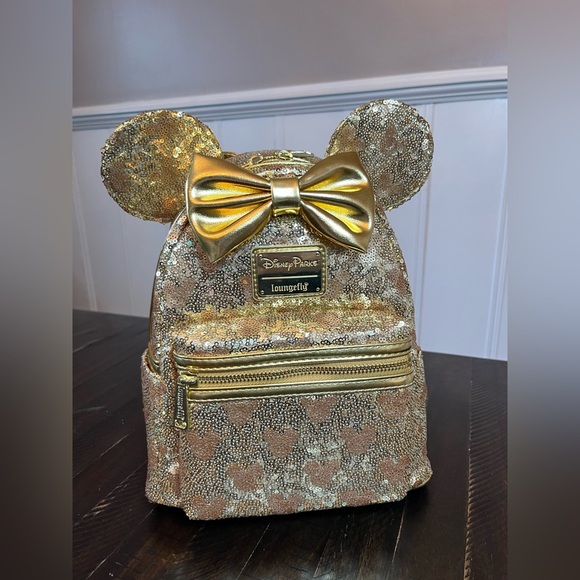 Disney Parks Loungefly Gold Sequin Minnie/Hidden Mickey Mini Backpack